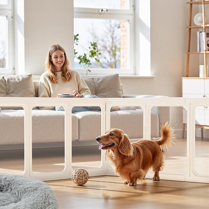 Clear Acrylic Dog Playpen - 33.4 x 33.4 Inch, 24" H 8 Planes Transparent Dog Fence Indoor, Sturdy Pet Pen for Puppy/Small Dog/Rabbit/Pig, Easy Assemble & Cleaning Plastic Whelping Box Enclosure, White