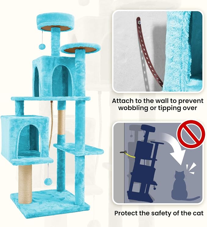 58.5inch Large Cat Tree Tower Condo for Indoor Cats, Soft Plush Multi-Level Climbing Tree Cat House, Scratching Post, More Entrance/Exit, Sisal Rope, Peacock Blue