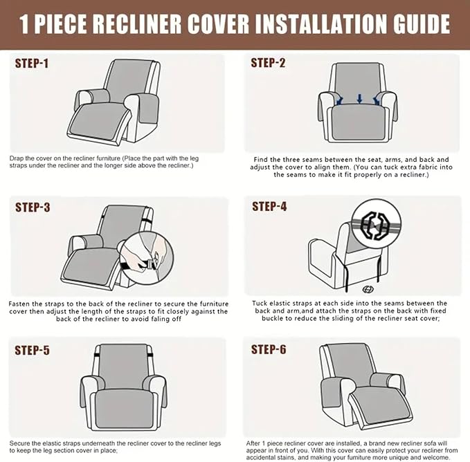 100% Waterproof Recliner Chair Cover, Non-Slip Washable Recliner Slipcover with Elastic Straps & Side Pocket, Stay in Place Furniture Protector for Dogs Cats Kids (Light Blue, 23)