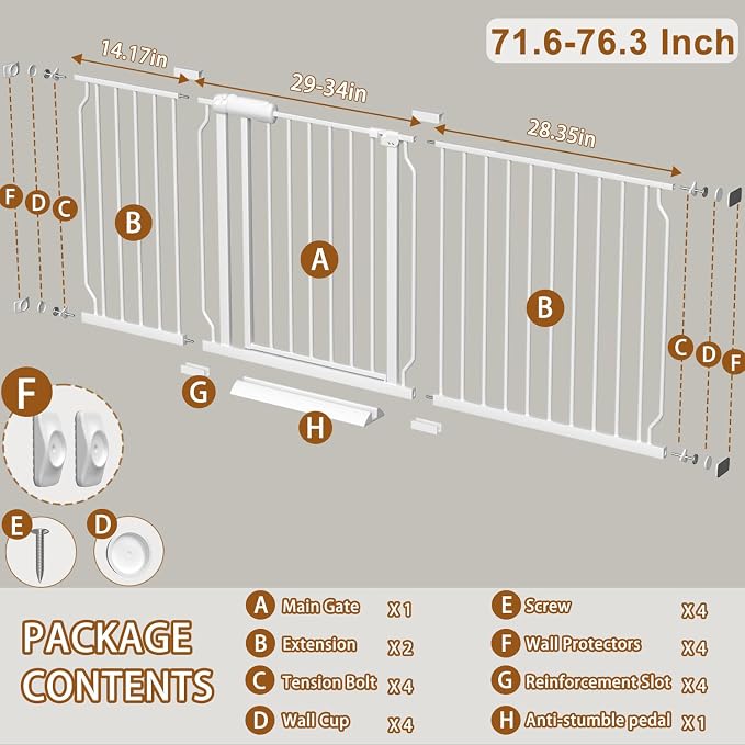 Fairy Baby Extra Wide Baby Gates 71.7-76.3 Inch, Auto Close Child Safety Gates for Stairs Banister Doorways Hallway,Indoor Safety Child Gates for Kids or Pets | Metal Child Safety Gates for Stairs Doorways Hallway, Indoor Walk-Thr Dog Gates for Kids or...