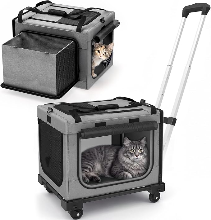 17in Wheeled Expandable Cat Carrier for Cats Small Dogs, Gray | elescopic rod, expandable side room, foldable breathable mesh, portable carrier for indoor & outdoor pet travel