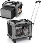 17in Wheeled Expandable Cat Carrier for Cats Small Dogs, Gray | elescopic rod, expandable side room, foldable breathable mesh, portable carrier for indoor & outdoor pet travel