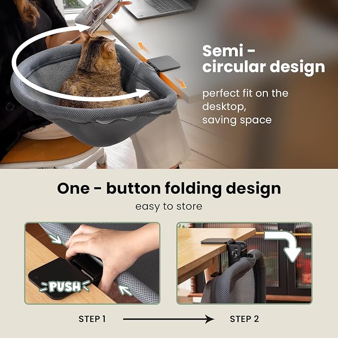 JUNSPOW Cat Desk Bed One-Click Folding, Maximum Holds 40lb, Grey Mesh | Sunken Design & Space-Saving Semi-Circular Cat Bed, Mesh Cover Material, Suitable for Various Desktops