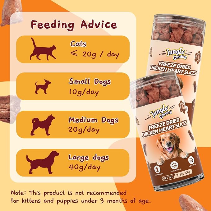 Jungle Calling Freeze Dried Chicken Hearts for Dogs & Cats, 7.76 oz | Single Ingredient, High Protein Organ Meat, Bite-Sized Chicken Heart Halves, Easy to Chew & Digest Training Treats & Toppers