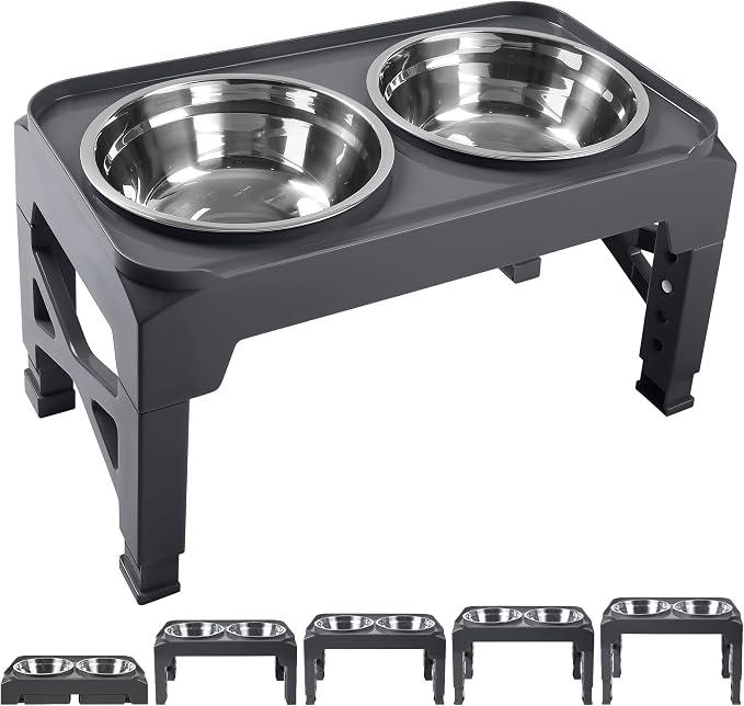 Hubulk Elevated Dog Bowls with 2 Stainless Steel Food & Water Raised Bowls with No Spill Edge Non-Slip Stand Adjusts to 5 Heights(3.2", 8.77", 9.9",11.1", 12.3")for Small Medium Large Dog and Pet Grey