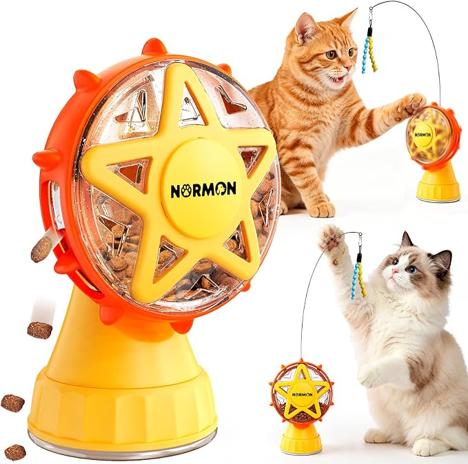NORMON Cat Treat Dispenser, Ferris Wheel Puzzle Feeder Toy with Teaser Wand | Treat puzzle, washable stable base, rotating snack wheel, indoor cats, solo play, exercise, mental stimulation, boredom play.