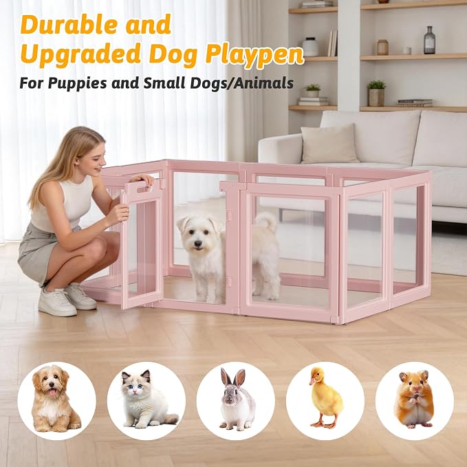 Acrylic Dog Playpen Indoor, Pink Dog Pen, Puppy Playpen, 10 Panels | 23.6" H, Skin Pink, Purple & Sky Blue, Clear View, No-Gap Escape-Proof, Tool-Free Setup, For Puppies & Small Dogs