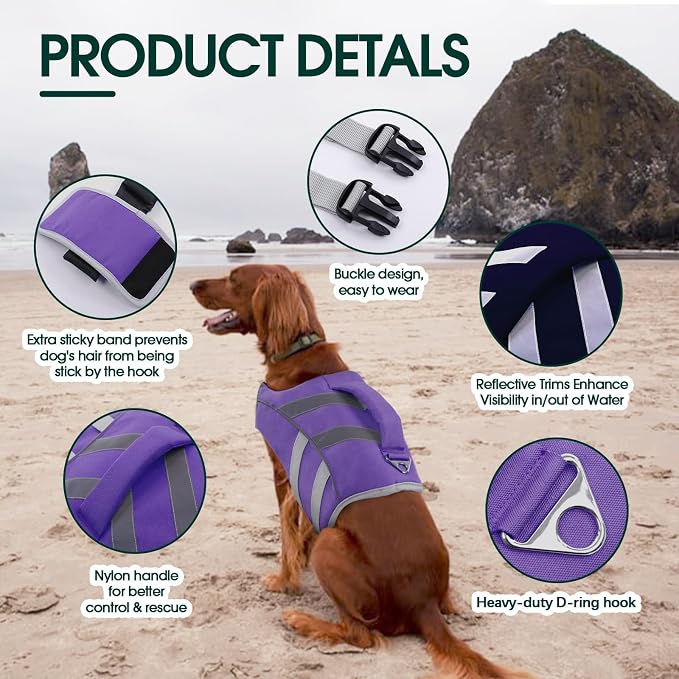 Kuoser Dog Life Jacket with Reflective Stripes, Adjustable High Visibility Doggie Water Vest Ripstop Puppy Lifesaver Pet Life Preserver for Small Medium and Large Dogs Puple XL | Adjustable Pet Lifejackets, High Flotation Doggie Swimsuit with Rescue Ha...