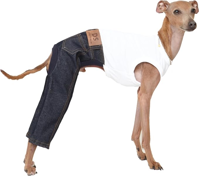 D Doggy Star Italian Greyhound Clothes Sleeveless Jeans Onesie Outfit Whippet for Dog Coat (XL,Blue Jean)