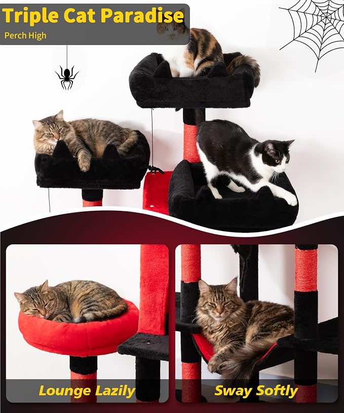 Gothic Cat Tree, 71 Inch Heavy Duty Cat Trees for Large Cats | Cat Tree Tower for Indoor Cats Large Adult with Cat Scratching Post & 2 Condos, 9 Sisal Posts & Hammock, Black Red