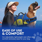 Dog Life Jacket — Premium Swim Vest with SafeChin Anti-Choke Collar | PAWS Aboard Blue & Yellow | RapidLift Rescue Handle, D-Ring, Reflective Trim | Boating, Kayaking, Pool | Large (50–80 lbs)