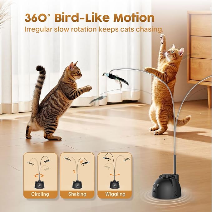 Interactive Cat Toys for Indoor Cats, 360° Automatic Spin Flying Bird Wand | 8cm Suction Cup & Weighted Base, Silicone-Protected Rod, USB Rechargeable with Replaceable Feather & Streamer Attachments