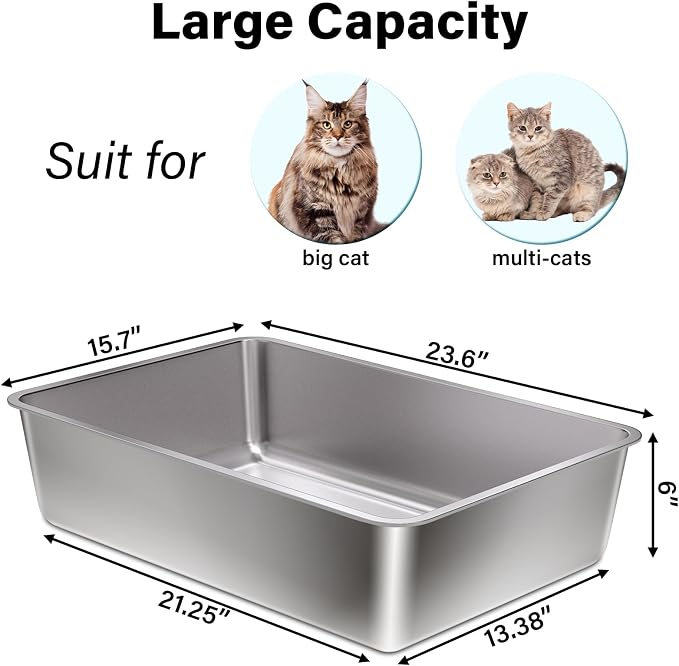 Stainless Steel Litter Box XL,Large Metal Litterbox for Big Cat | 23.6“x15.7"x6" Deep, Cat Litter Box for Big Cats with High Sides, Non Stick Surface, Easy to Clean