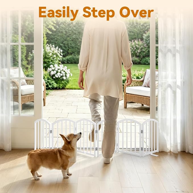 SNUOWU 16 Inch Full Metal Freestanding Short Dog Gate for Small Dogs, Foldable 6-Panel Pet Barrier, Expands Up to 72" Wide, Indoor Safety Fence for Doorway, Home & Stairs, White