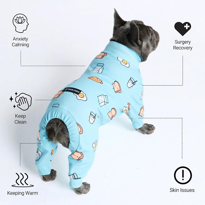 Spark Paws Dog Pajama, Dog Recovery Suit Male, Onesie, Ultra-Soft and 4-Way Stretch, for Small Medium and Large Breeds - Breakfast Blue - XXL