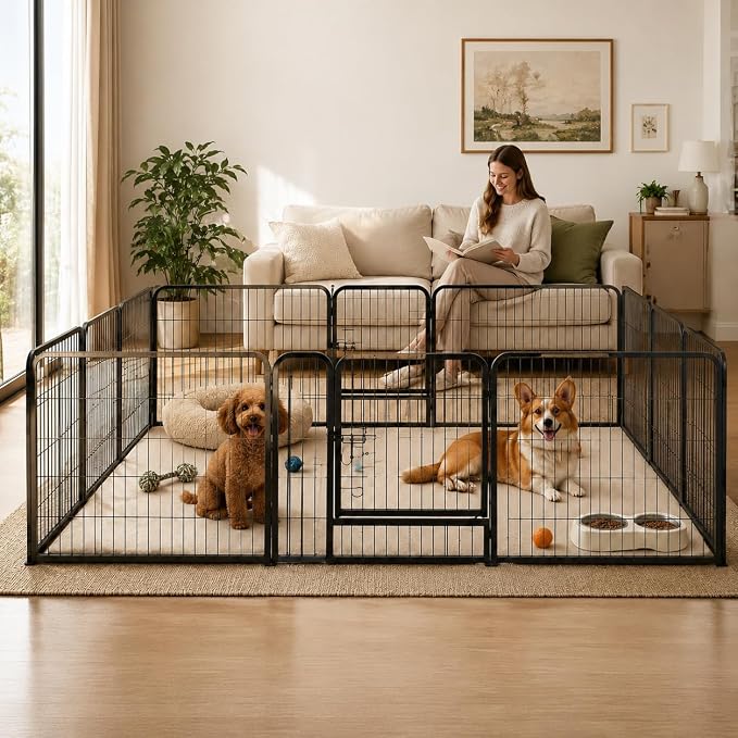 Metal Dog Playpen - 32" Height 16 Panels Foldable Exercise Pen for Dogs Indoor/Outdoor Pen with Door for Pet Animals Portable Pet Playpen Polygon Dog Enclosure (Black)