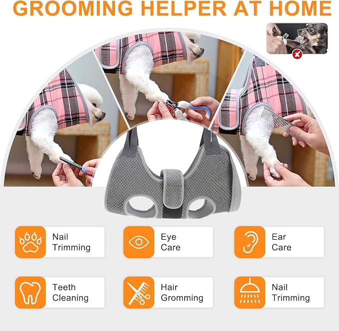 BEAUTYZOO Dog Grooming Hammock for Small Dogs/Cats, Nail Trim Restraint, S | Dog Hanging Harness for Nail Trim, Adjustable Hook & Loop, Soft Neck Support/Dual Safety Straps for Stress-Free Grooming,Grey