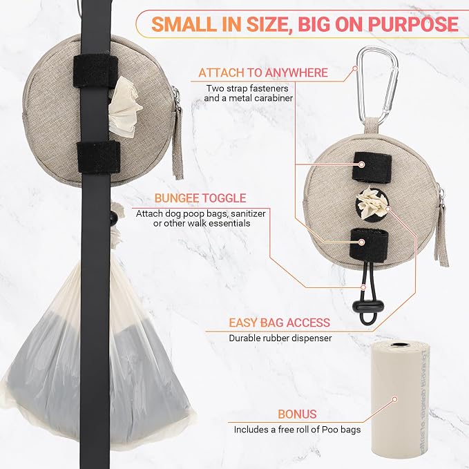 Dog Poop Bag Holder for Leashes- Dog Treat Pouch with Waterproof Zipper,Puppy Training Small Bag with Carabiner & Bungee Toggle,Two Pockets for Dry or Wet Treats-Pet Travel Walking Essentials (Khaki)