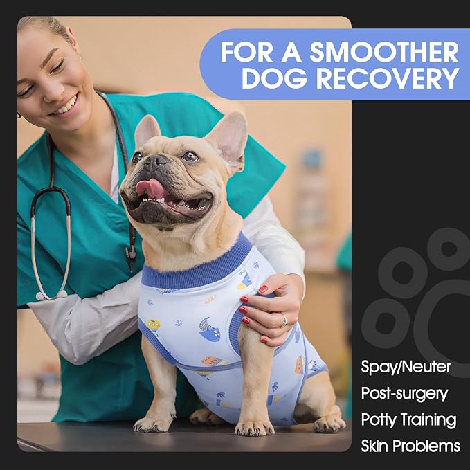 FUAMEY Dog Recovery Suit, Soft Surgical Suit for Dogs Onesie for Surgery | Cone Alternative after Surgery, Abdominal Wound Protector, Anti Lick Suit, Dog Onesie for Surgery Female Male Blue Boat XS