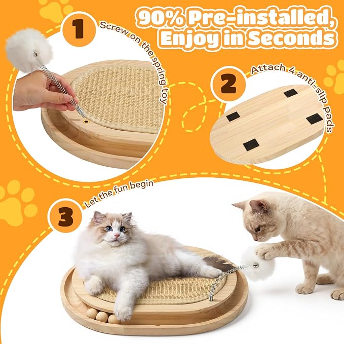 Cat Scratcher, Sisal Scratching Pad Kitten Cat Ball Track Toy | 3 Spring Plush Toys for Chasing Hunting Exercise, Round Wooden Non-Slip Cat Scratchers for Indoor