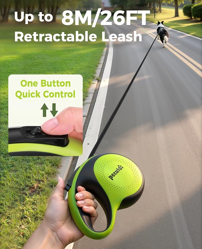 Retractable Dog Leash with Flashlight, 26ft Heavy Duty Retractable Pet Leash with Light, One-Button Control, Anti-Twist Protection, Reflective Leashes for Medium Large Pets Dogs Up to 110 lbs