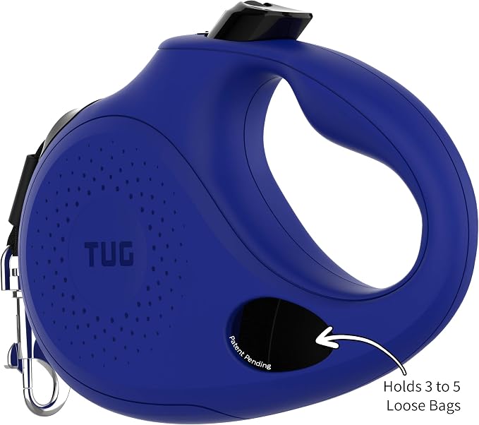 TUG Oval 360° Tangle-Free Retractable Dog Leash with Integrated Waste Bag Dispenser (Small, Blue)