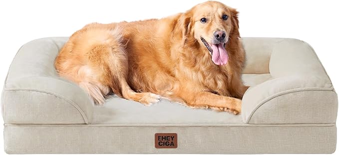 EHEYCIGA Orthopedic Dog Beds for Extra Large Dogs, Waterproof Memory Foam XL Pet Bed with Sides, Non-Slip Bottom and Egg-Crate Foam Big Dog Couch Bed with Washable Removable Cover, Beige | Non-Slip Bottom and Egg-Crate Memory Foam Big Dog Couch Bed wit...