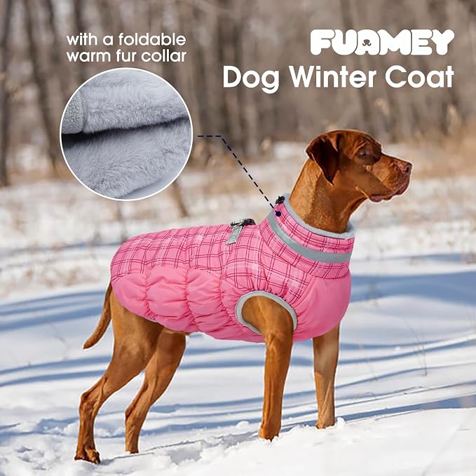 FUAMEY Dog Winter Coat Fleece Warm Medium Dog Coat with Harness Built in | Dogs Cold Weather Fleece Coats Zip up Reflective Dog Winter Vest Windproof Water Resistant Snow Coats Rose Plaid M