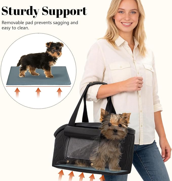Luxury Dog Purse Carrier for Small Dogs Cats, TSA Airline Approved Puppy Kitten Carrier Soft-Sided Travel Tote Bag Up to 10 lbs (Black, 14.17'' L x 7.09''W x 8.66''H)