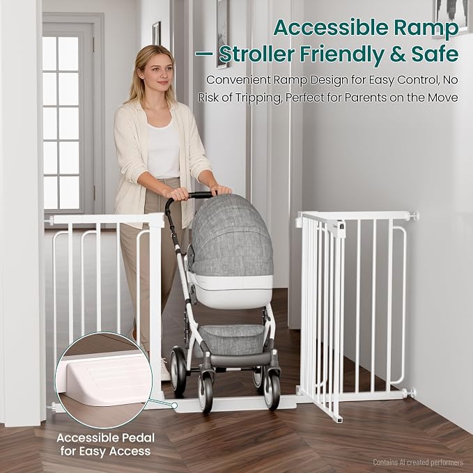 Cumbor 30.4-56.8" Extra Wide Baby Gate, Auto Close Dual Lock Dog Gate White | Easy Install Pressure Mounted Pet Gate for Doorways & Large Openings, Easy Walk Thru Safety Proofing for Babies & Large Dogs