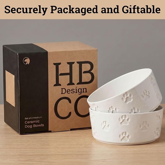 Ceramic Dog Bowl Set of 2 w/ Anti-Skid Base 6.5"W x 2.5"H, 3.8 Cup Capacity | Thick Ceramic, Dishwasher Safe, Anti-Skid Rubber Base, 3.8 Cups per Bowl, Ceramic Food & Water Bowls Set of 2 for Medium Dogs