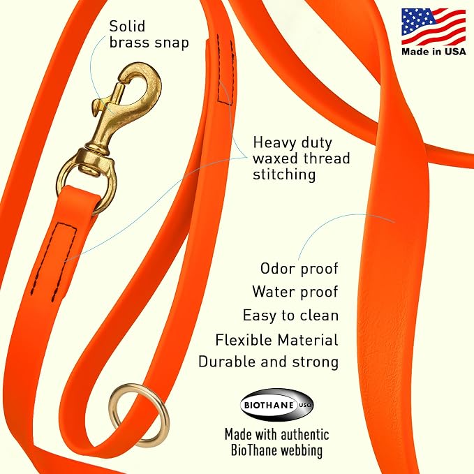 Viper Biothane K9 Working Dog Leash Waterproof Lead for Tracking Training Schutzhund Odor-Proof Long Line with Solid Brass Snap for Puppy Medium and Large Dogs 4ft, Hunter Orange