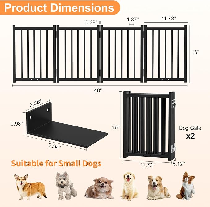 Snughome 2 Pack Short Dog Gate Indoor, 16" High Freestanding Small Dog Gates with Support Feet, Expand Up to 48’’ Wide Foldable Pet Gate for Doorway, 8 Panel Pet Door Pet Fence for Puppy, Black
