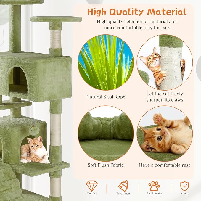 54 Inch Cat Tree Tower for Indoor Cats, Green | Multi-Level Cat Tower with Condo, Perches, Sisal Scratching Posts and Climbing Ladder, Pet Play Toy Balls