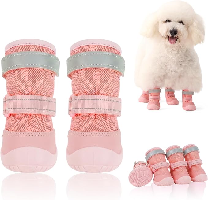 Allroaring Paw Protectors Mesh Fabric Dog Shoes for Hot Pavement, Pink 0# | 4PCS Set, Breathable Summer Design, Anti-Slip Sole, Heat Shield, Lightweight Fit, Wide Opening, Easy On/Off, Reflective Strip