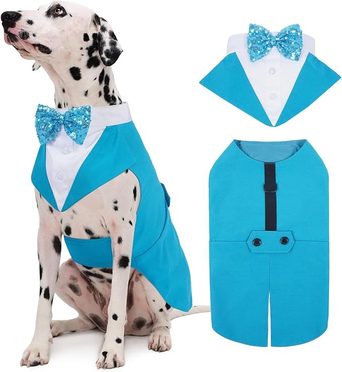 Kuoser Dog Tuxedo, Dog Suit and Bandana Set, Dogs Costume with D-Ring | Formal Dog Outfit with Detachable Bowtie Collar for Wedding, Birthday, Party, Christmas, Halloween, Lake Blue 2XL