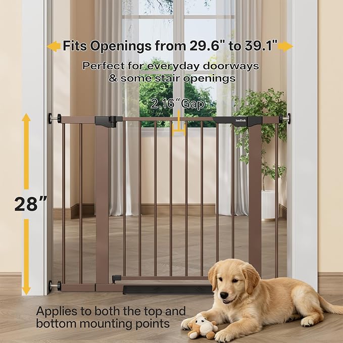 InnoTruth 29.6-39.1 in Wide Baby Gate for Stairs and Doorways, Brown | Indoor Metal Dog Gate for Pets, Auto Close 2 Way Swing Walk Through Door, Double Lock & Y-Bolts, Pressure or Hardware Mount