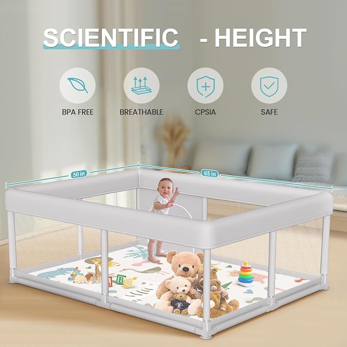Hiaksedt Baby Playpen with Mat 65 "x 50 ", PlayPen for Babies and Toddlers | Sturdy Safety Play Yard for Indoor & Outdoor with Zipper Gates