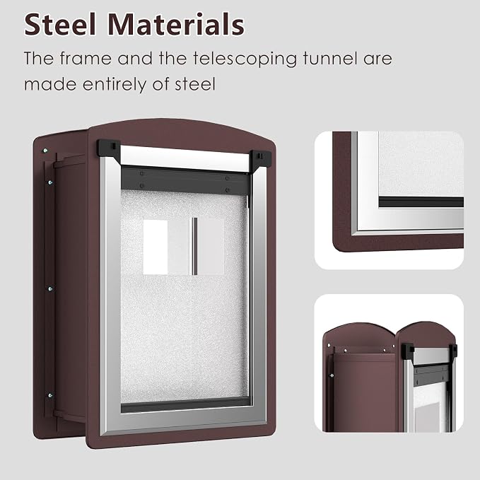Extra Large Dog Door for Wall,Steel Frame,Up to 200lbs | 2 Magnetic Flaps, 2 Lock Panels,Telescoping Tunnel, Door for Interior and Exterior Wall, X-Large, Coffee Color