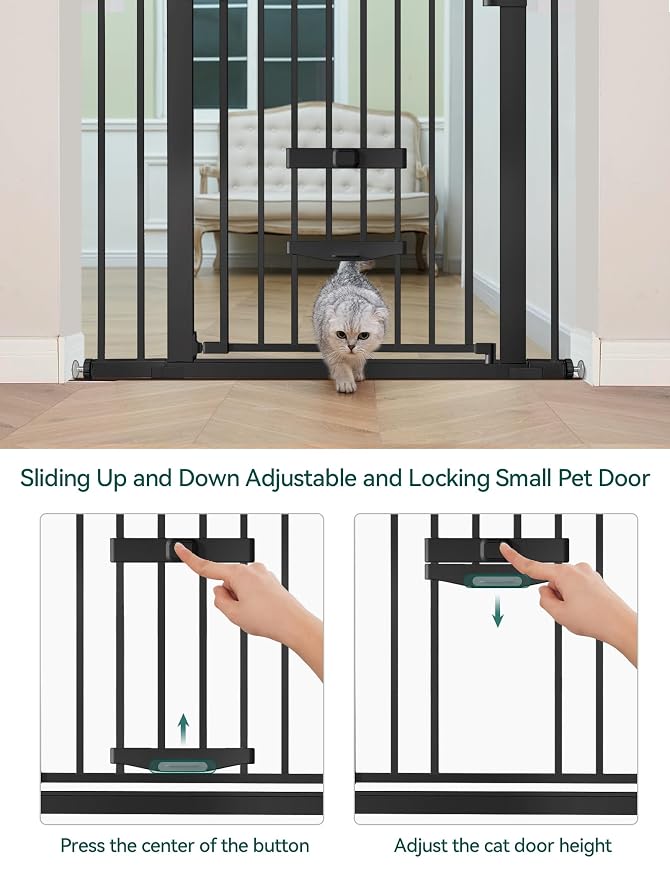 Babelio Extra Wide Baby Gate with Cat Door, CatPrivilege II, 29-48" | Auto-Close Metal Pet Door for Stairs, Doorways & House, Pressure/Hardware Mounted, Easy Walk Thru, Black