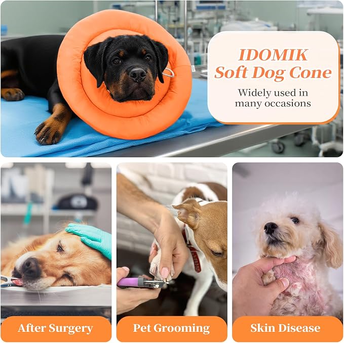 IDOMIK Dog Recovery Collar, Waterproof Soft Dog Cone After Surgery | Comfy Protective Elizabethan Collar Alternative for Dogs Cats, Adjustable Pet Neck Donut Cone Anti-Licking Wounds,Orange,3XL