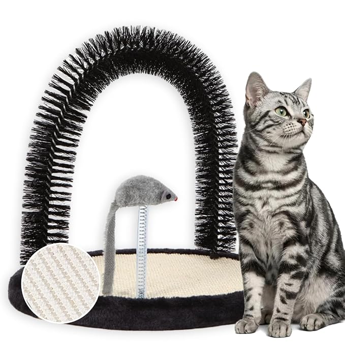 Large Cat Self Groomer, Heavy Woven Sisal Pad with Mouse Toy | Easy To Clean, Enhanced Brush Holder, Durable Sisal Base, Durable Brush, Cat Face Scratchers, Cat Body Massager, Black