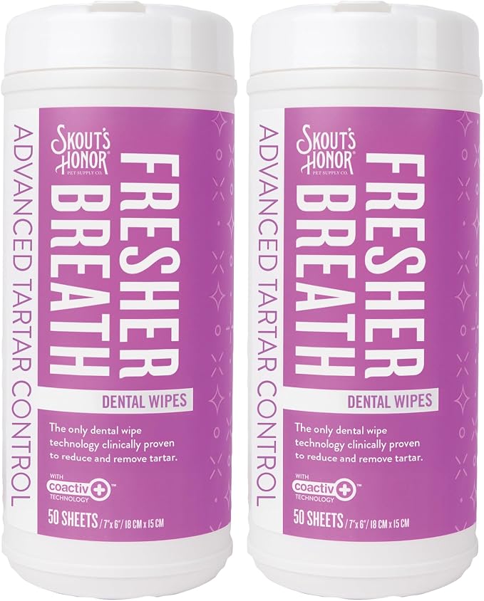 SKOUT'S HONOR Fresher Breath Dental Wipes for Dogs and Cats, 50 Sheets | Fights Plaque and Tartar, coactiv+ Formula, Freshens Breath Fast, No Brushing Required, 2-Pack