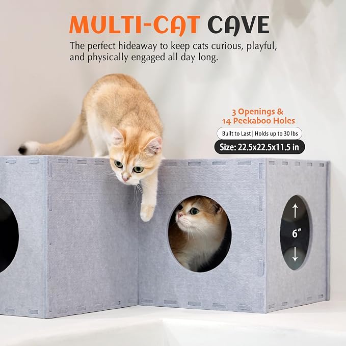 PETKARAY Cat Tunnel, Original Cat Hideaway Cave for Indoor Cats, Large Kitten Play Tubes and Tunnels, Soft Felt Cat Toy with Interactive Peek Hole, Grey L Shape