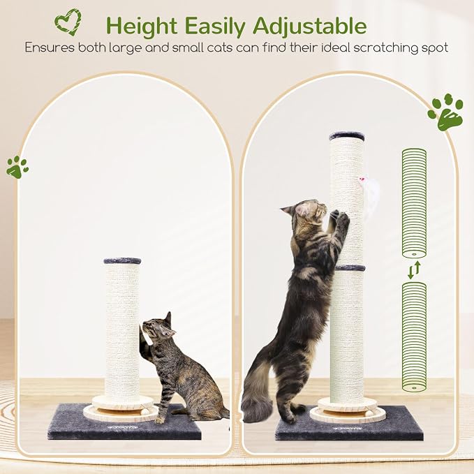 Globlazer 35in Tall 3.9-in Thick Cat Scratching Post for Adult Cats, SC35 | Durable Natural Sisal Rope, Solid Wood Track Ball Game, Interactive Hanging Toy, Enlarged Base, Custom Tier