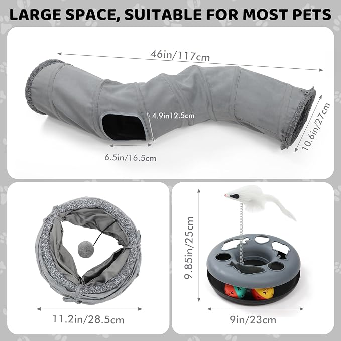 Cat Tunnels for Indoor Cats, 6-in-1 Collapsible Crinkle Play Tunnel | Interactive Roller Track Ball, Cat Enrichment Toy for Kittens Rabbits, Exercise Hide & Seek Tube for Indoor Outdoor Play