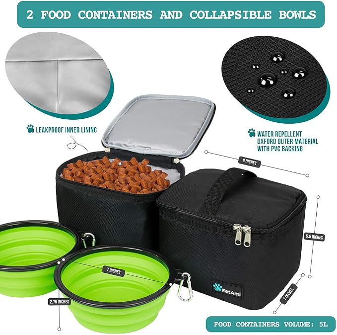 PetAmi Dog Travel Bag Organizer, Pet Travel Kit with 2 Food Containers & 2 Collapsible Dog Bowls, Pet Supplies Tote with Luggage Sleeve, Weekend Road Trip Camping Essentials, Black, Large