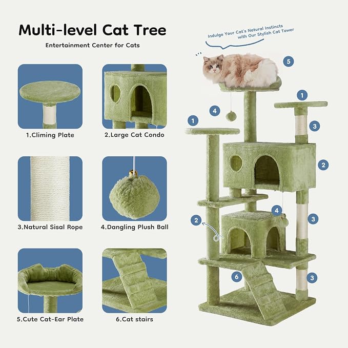 DUMOS 54-inch Indoor Cat Tree Tower with Scratching Posts, Green | Multi-Level Pet House for Large Cats with 2 Condos, Round Platform, Small Ladder, and Toys