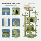 DUMOS 54-inch Indoor Cat Tree Tower with Scratching Posts, Green | Multi-Level Pet House for Large Cats with 2 Condos, Round Platform, Small Ladder, and Toys