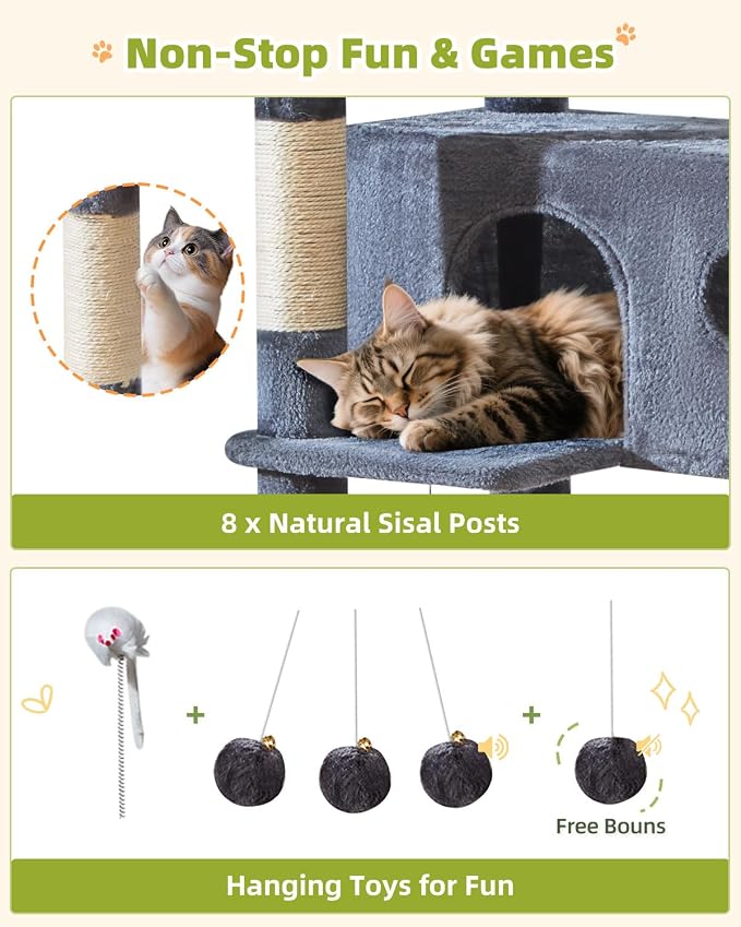 Taoqimiao 76in Cat Tree, Tall Sturdy Cat Tower for Large Indoor Cats MS046G | Easy assembly, Sturdy, Multi Level, Easy Clean, Cozy Condo, Perches, Baskets, Suitable for Kittens and Adult Cats